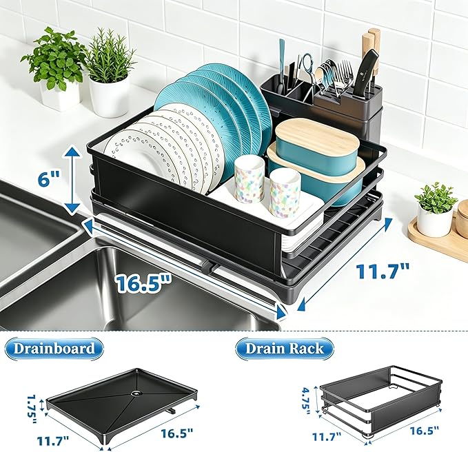 Simple Trending Dish Drying Rack, Space-Saving Large Dish Rack for Kitchen Counter, Anti-Rust Dish Drainer with Cutlery & Cup Holders, Black