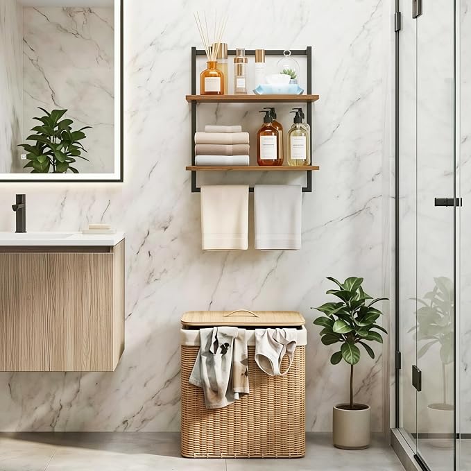 Wall Mounted Towel Rack for Bathroom, Bath Storage Holder 3-Tier Steel Wood Towel Shelf with Bar, Rustic Brown