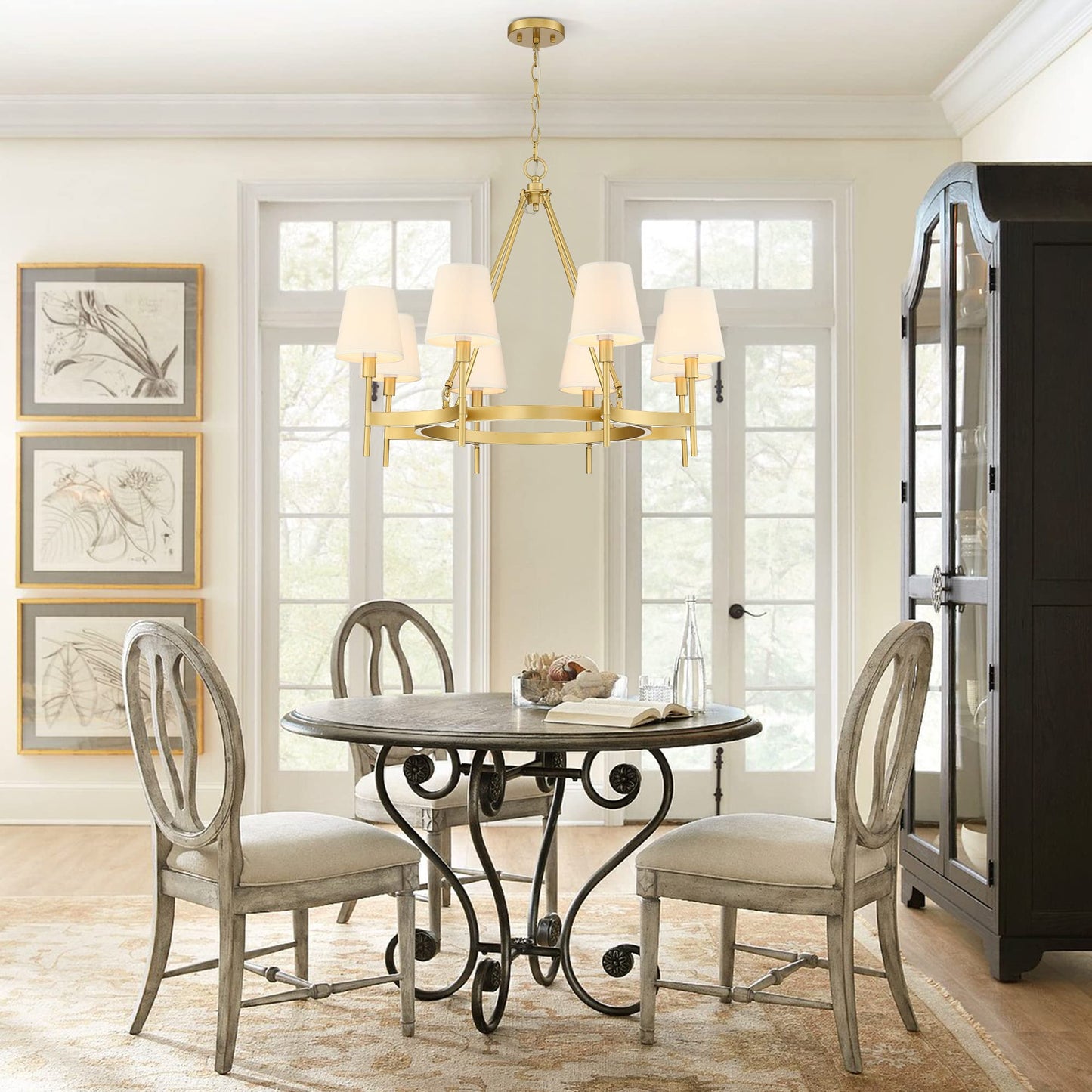 Untrammelife 8 Lights Gold Wagon Wheel Drum Chandelier, 30" Large Round Pendant Lighting Fixture with White Shade for Dining Room Living Room Bedroom Kitchen Island
