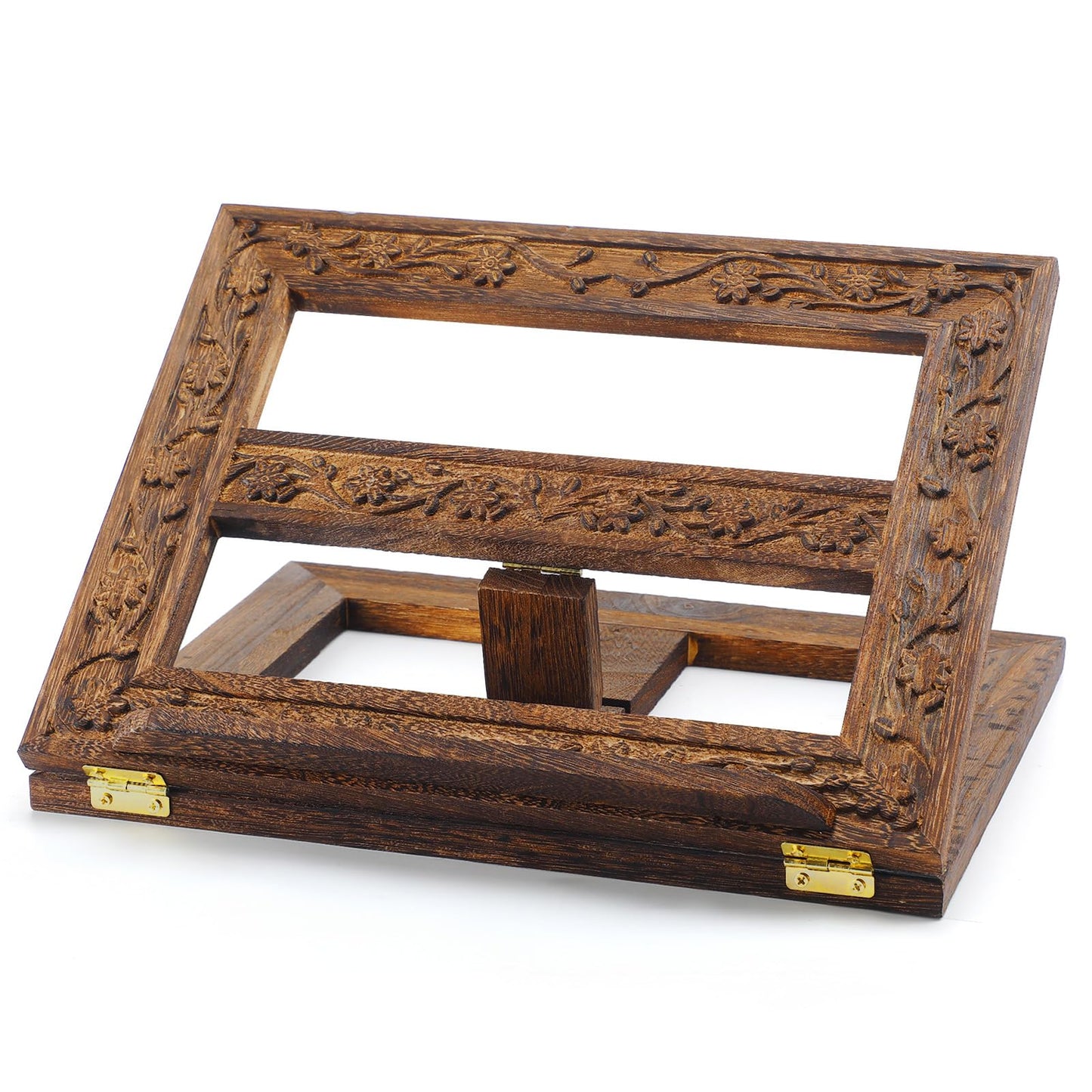 DoubleFill Adjustable Wooden Bible Stand Carved Bible Holder Missal Stand Book Display for Reading Folding Religious Prayer Wooden Holy Book Holder 12.99 x 10.04 Inches(Dark Brown)