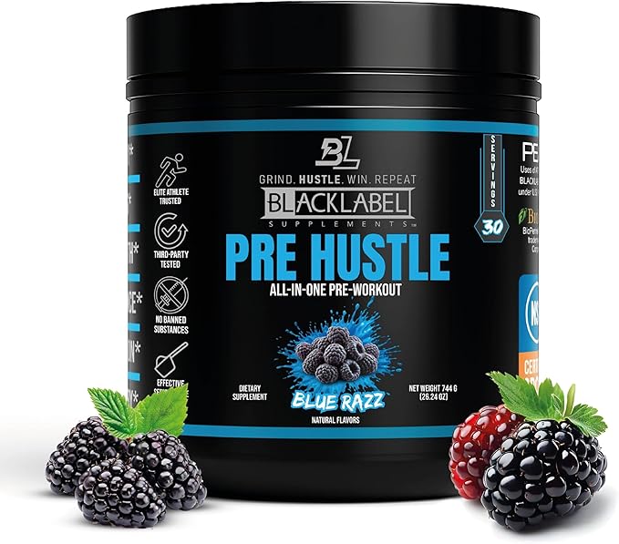 BLACKLABEL Supplements PRE Hustle V3 Pre-Workout Powder ??NSF Certified for Sport ??Energy, Strength & Endurance Support ??Blue Razz ??with Creatine & Caffeine ??30 Servings