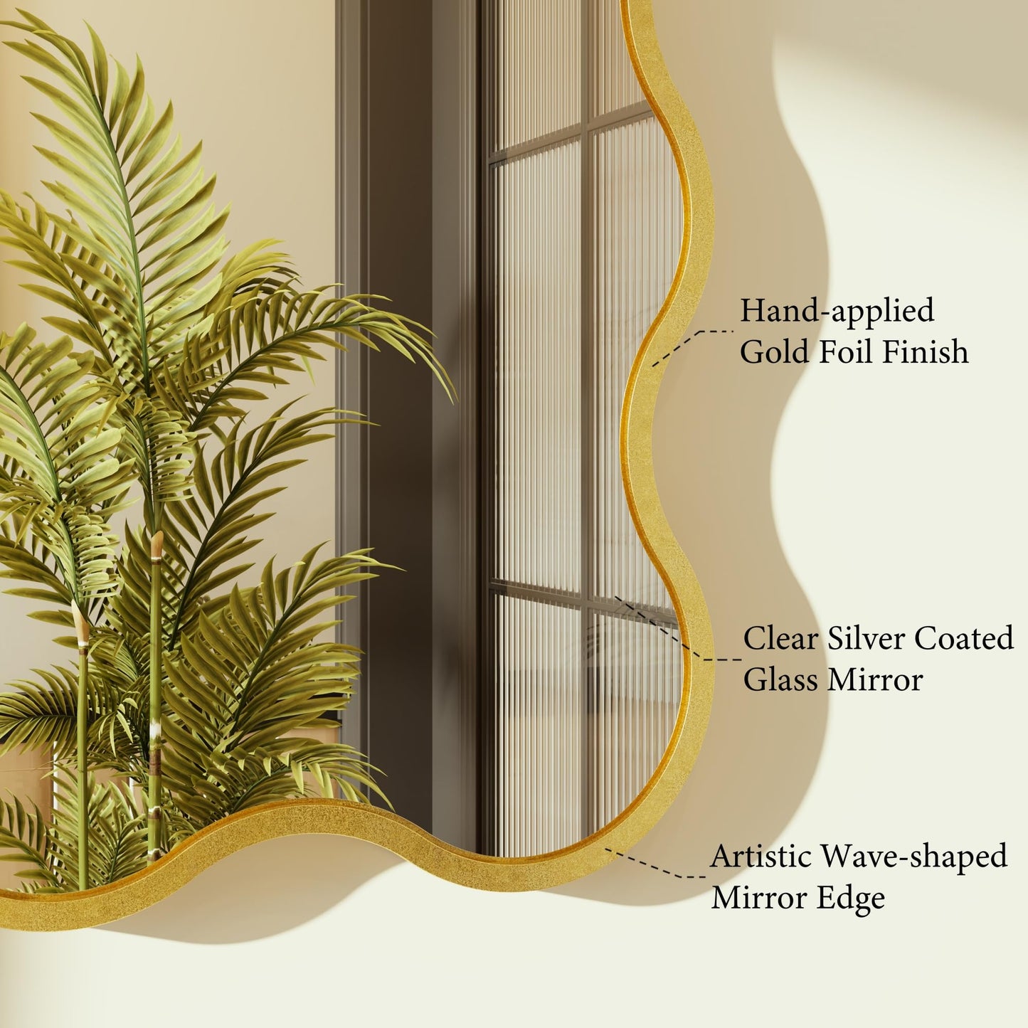 Kelly Miller 22x32 Inch Gold Scalloped Mirror, Large Rectangular Wavy Edge Bathroom Vanity Wall Mirror Decorative for Bedroom Living Room Entryway Fireplace Mantle
