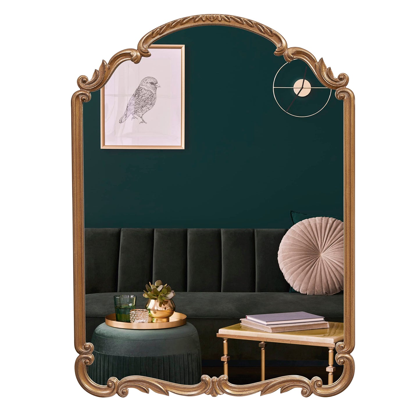 Wylde Iris English Estate Carved Arch Wood Wall Mirror, Mirror for Entryway, Living Room, Bathroom, Antique Gold, 22x30