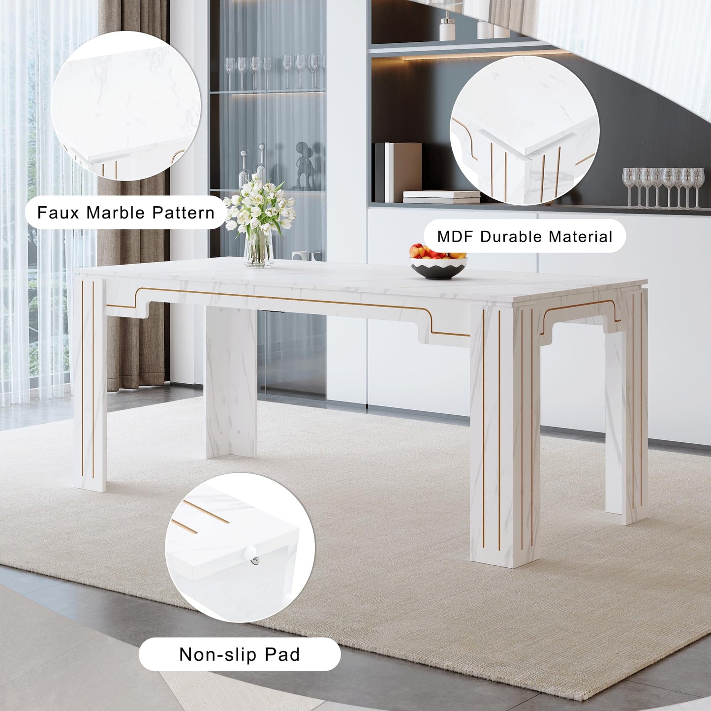 KEIKI 9-Piece Dining Table Set, 71" White Faux Marble Kitchen Table with 8 Dark Gray PU Leather Chairs, Modern Dining Room Set with Silver Metal Legs, Large Rectangular Table for Home, Restaurant