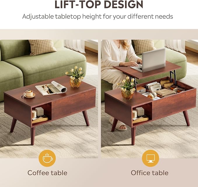 WLIVE Coffee Table for Living Room, Small Coffee Table with Storage, Lift Top Modern Wooden Dining Center Table with Storage Shelf & Hidden Compartment, 31.5" Espresso