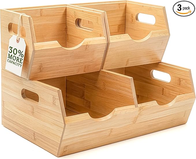 HOMESTEAD Extra Large Bamboo Pantry Storage Bins – 30% Larger, Stackable Potato Onion Storage Bin, Large Pantry Organizers and Storage, Produce Vegetable Organizer, Set of 3