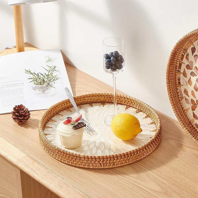 Kmelep Round Rattan Tray with Mother of Pearl Inlay, Rattan Serving Tray with Wooden Base, Decorative Wicker Basket for Table Decor, Storage and Display of Coffee Bread Food Fruit (Leaf 2)