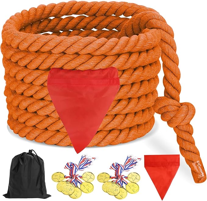 CWLAKON Tug of War Rope 40ft for Kids Adult, Outdoor Field Day Family Reunion Birthday Party Games, Orange, Includes 18 Medals, Storage Bag, Adjustable Center Flag