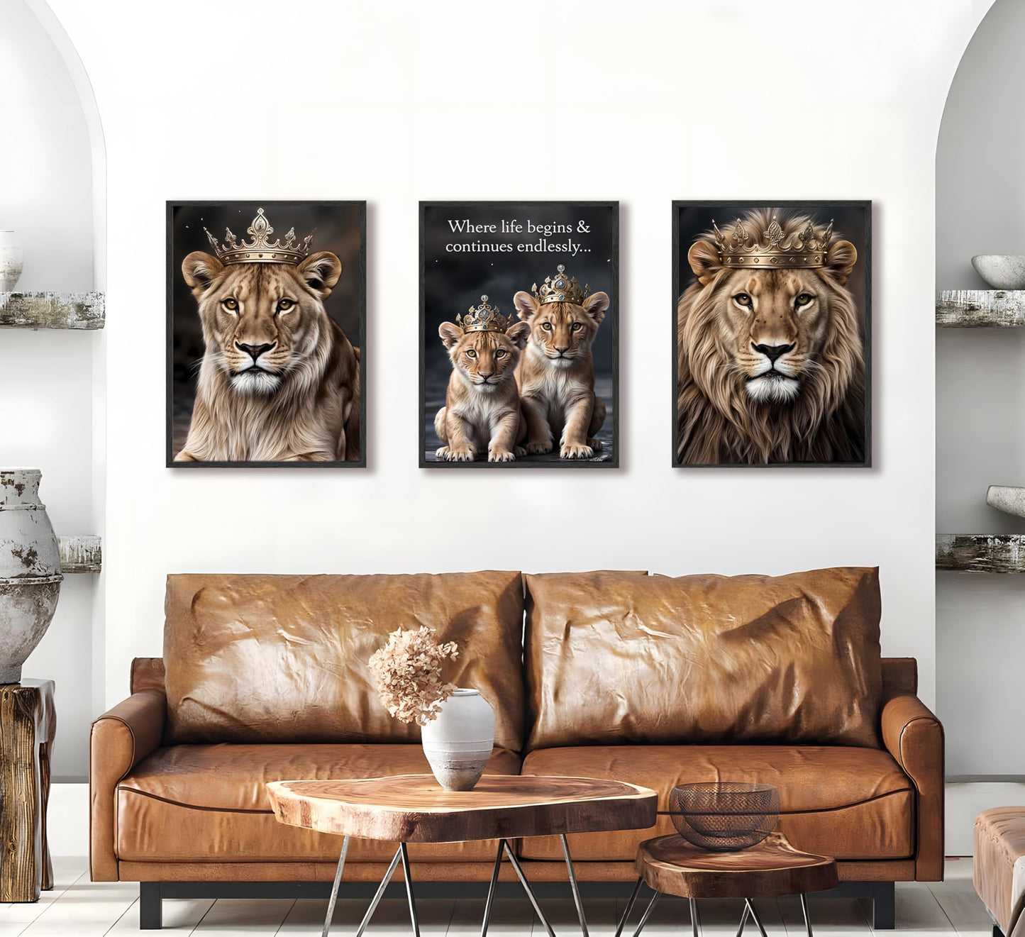 FJKLRP 3pcs Lion Family Canvas Wall Art The Lion King and Queen with Crown Prints Posters Modern Motivational Animal Wall Decor Paintings for Home Bedroom Living Room Office Decoration Unframed