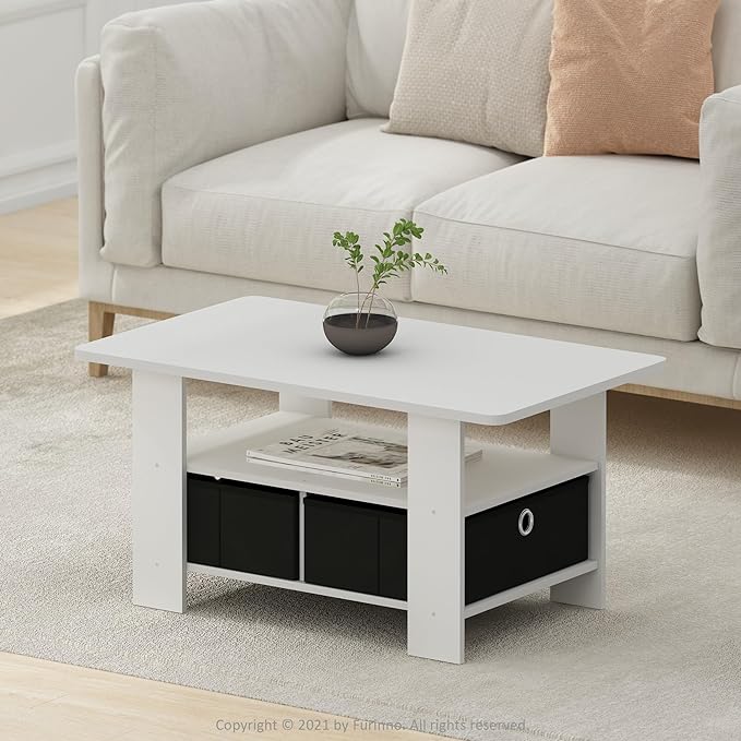 Furinno Andrey Coffee Table, Small Modern Center Table with Storage and Bin Drawer, Side Table for Living Room, Bedroom, Home Office, White