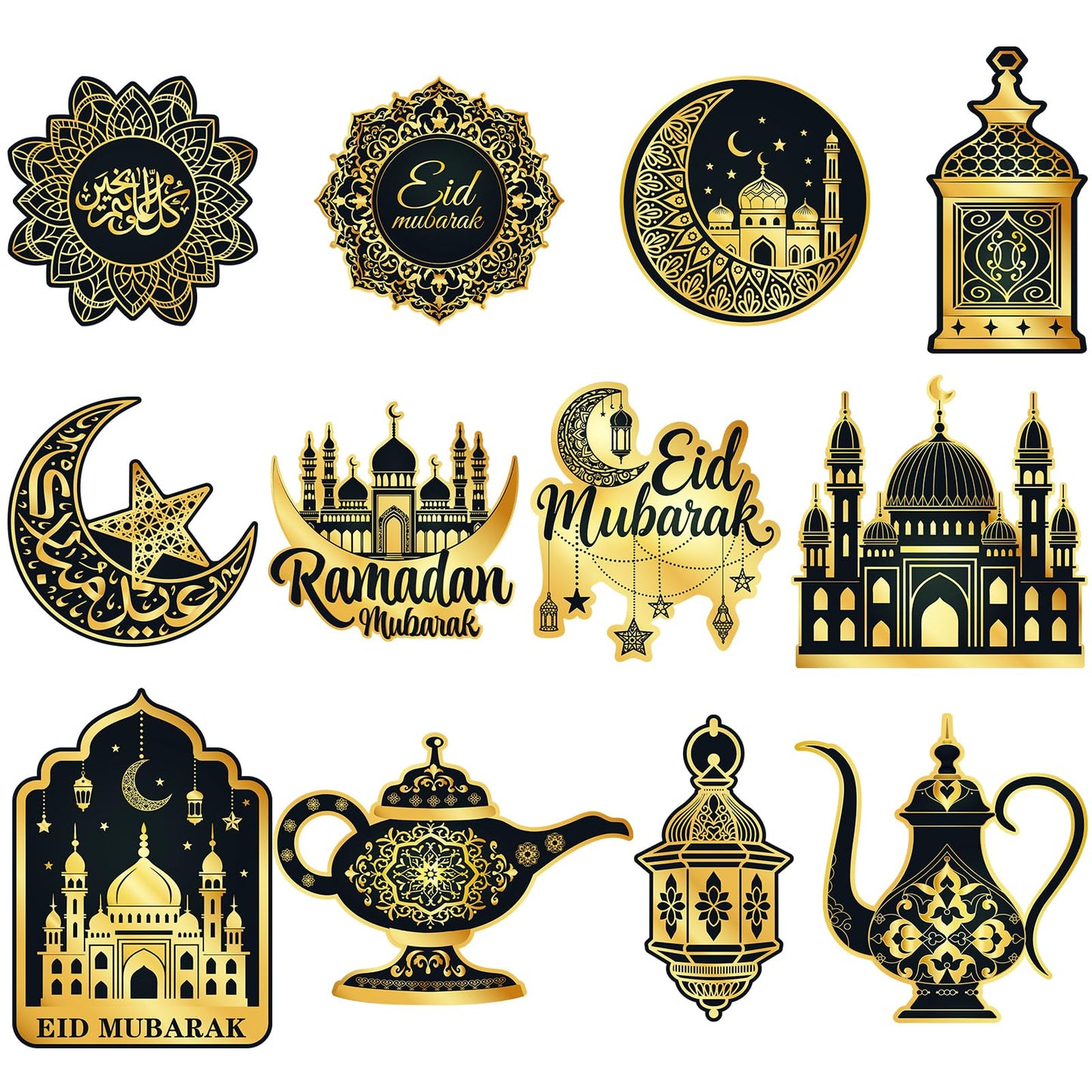 Large 11"x14" Eid Mubarak Cutouts Decorations Cardboard Cutout Set of 12, Ramadan Cutouts Wall Door Windows Decor, Muslim Islamic Mosque Castle Paper Cut Outs Decoration (Black Gold)