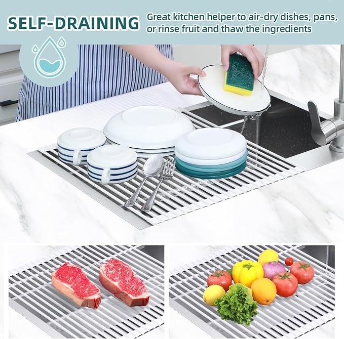 Ohuhu Over Sink Dish Drying Rack, 17.6" W x 15.4" L Roll Up Dish Racks Kitchen Sink Organizer Silicone Wrapped Large in Sink Dish Drying Rack Foldable Rolling Drain Mats Anti-Slip