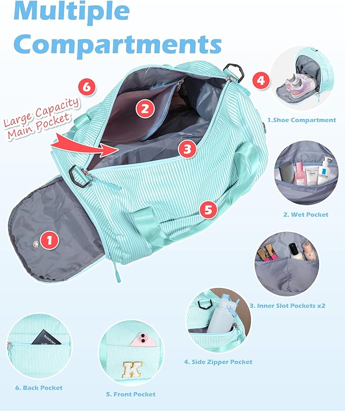 Granddaughter Gift from Grandmom, Girl Gym Bag, Kids Initial Overnight Duffel Bags with Shoe Compartment, Personalized Travel Bag with Makeup Pouch, Birthday Gift for Her (Letter N)
