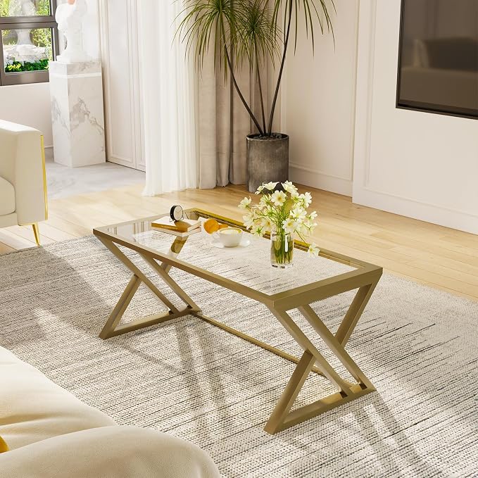 Wolawu Coffee Table Gold Glass Coffee Table for Living Room,Modern Rectangular Center Table with Sturdy Metal Frame,Tempered Glass Table Tea Tables for Bedroom Home Office