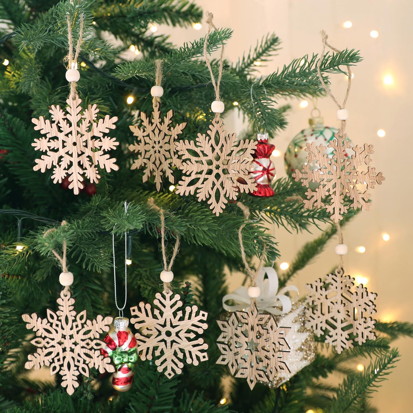 16pieces Wooden Snowflake Ornaments, 3inch Rustic Snowflakes Christmas Ornaments for Crafts Christmas Tree Boho Winter Decoration Gifts 8 Styles