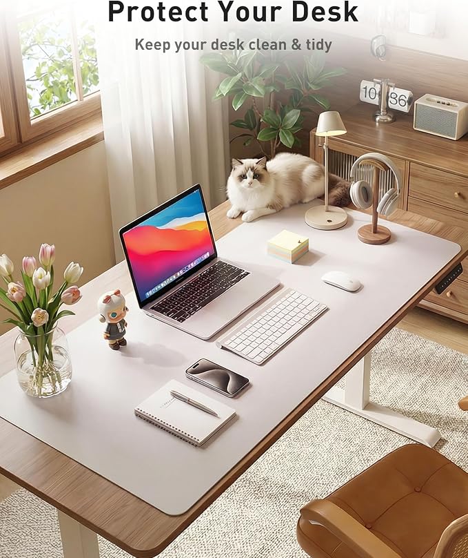 Aothia Faux Leather Desk Mat - Large Mouse Pad, Non-Slip PU Leather Blotter, Waterproof Writing Surface for Office and Home (Pale Lavender White, 42" x 17")