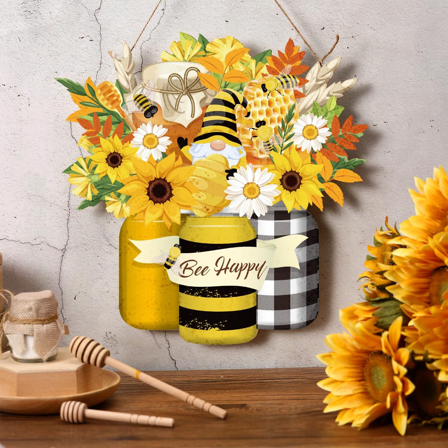 Bee Welcome Sign Wooden Yellow Bee Sign Bee Flower Gnome Wood Hanging Door Decor Farmhouse Porch Outdoor Front Door Decorations Supplies (Bee Style)