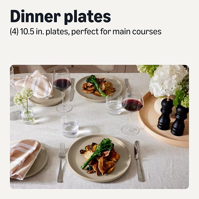 Amazon Basics Glazed Stoneware Dinner Plates, Ceramic 4-Piece Set, Microwave, Dishwasher and Freezer-Safe, Modern Design, 10.5 in., Linen Gray