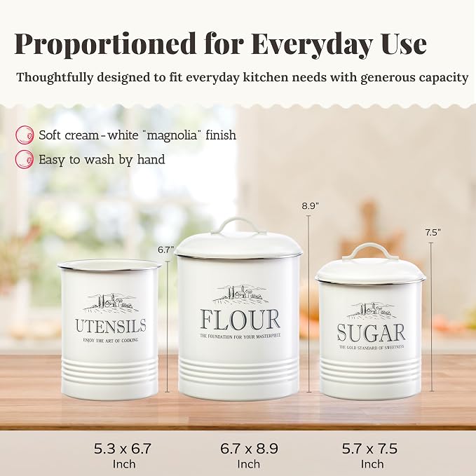 noonberry Kitchen Canisters for Countertop - 3-Piece Airtight Canister Set for the Kitchen Counter with Utensil Holder - Flour Sugar Containers - Cream-White Magnolia Finish