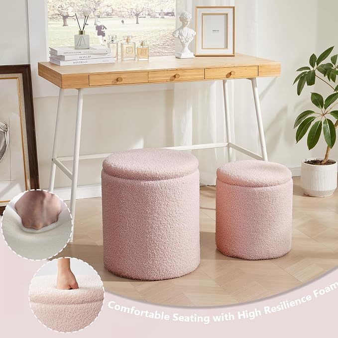 Royal Windsor Boucle Round Ottoman with Storage Set of 2,Small Foot Stool Ottoman for Living Room, Small Coffee Table,Vanity Stool with Storage for Bedroom, Pink