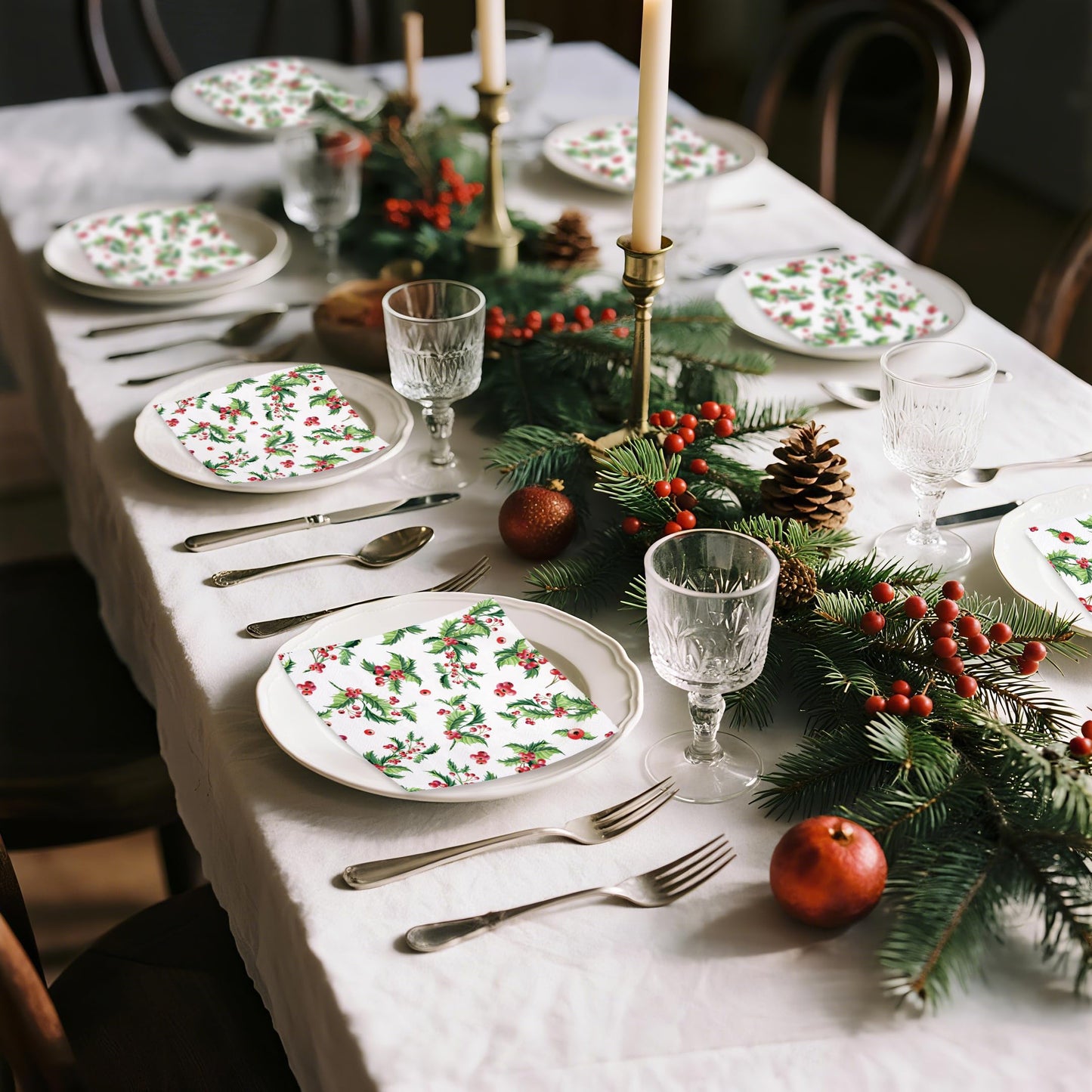 WRAPAHOLIC 50Pcs Christmas Paper Napkins - 3 Ply Xmas Holly Mistletoe Disposable Cocktail Napkin for Christmas Party Supplies Tableware - 5 x 5 In