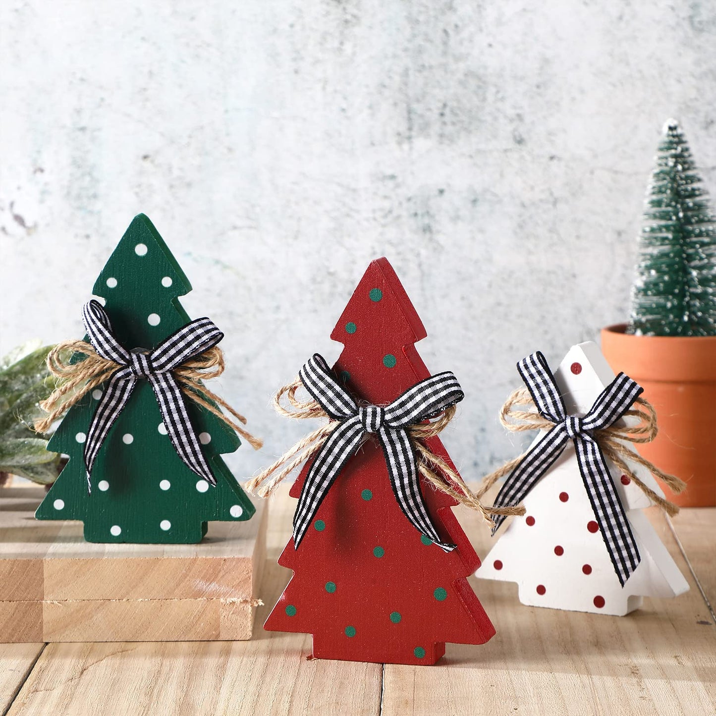 Yookeer Christmas Decor 3 Pieces Wood Table Rustic Christmas Tree Farmhouse Wooden Xmas Centerpiece for Small Table Xmas Trees Red Green Tiered Tray Party Decoration(Polka Dot Style)