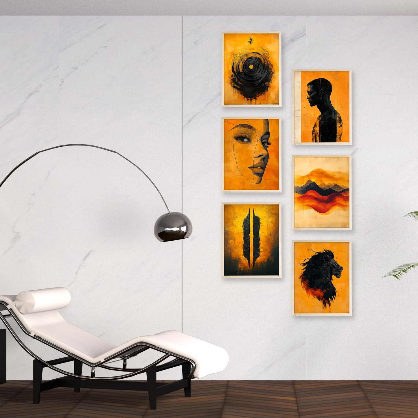 Eastern Print Set of 6 Abstract Masculine Wall Art Prints – Bold Orange & Black Lion, Silhouette, Face Line Posters – Modern Unframed 8x10 Decor for Men’s Room, Office, Man Cave or Creative Studio