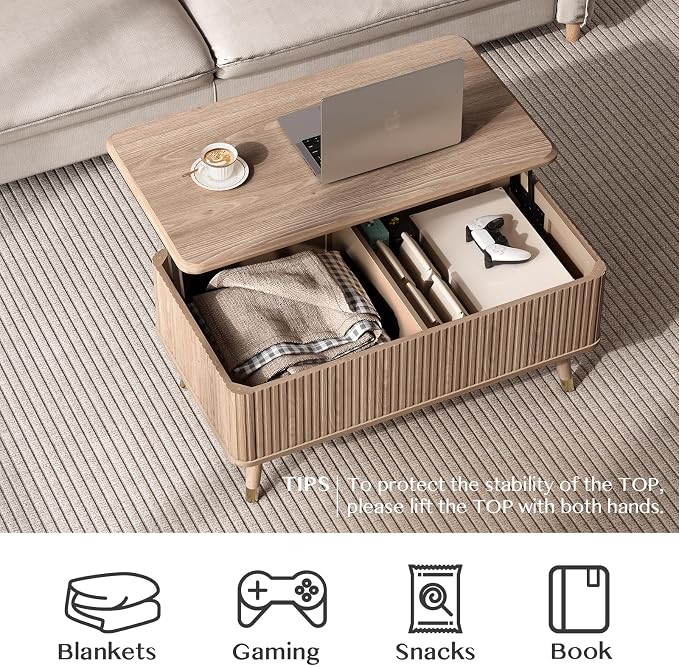 JOINICE Lift Top Coffee Table with Storage,Natural Wood Center Table for Living Room, Modern Farmhouse Oak Fluted Design,Pop-Up Desk for Work & Dining