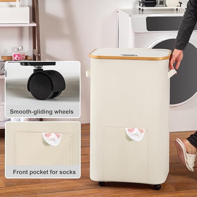 Vincona Laundry Basket with Wheels, Tall Dirty Clothes Hamper on Wheels, Rolling Laundry Hamper with lid for Dorm, Bedroom and Bathroom (Beige, 100L)