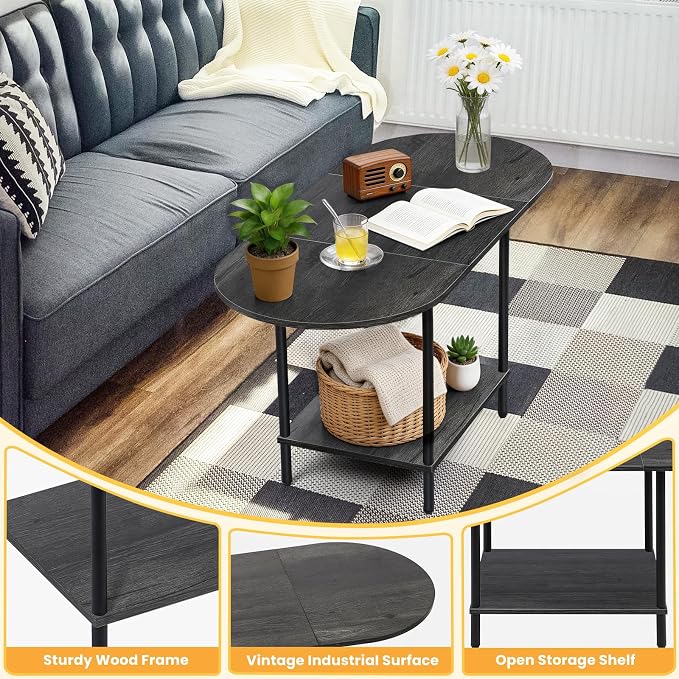 Small Coffee Table,35.4'' Oval Coffee Table with Storage Shelf & Metal Frame,Low Cocktail Tea Accent Table for Apartment,Modern Mid Century Small Living Room Table,Dark Gray