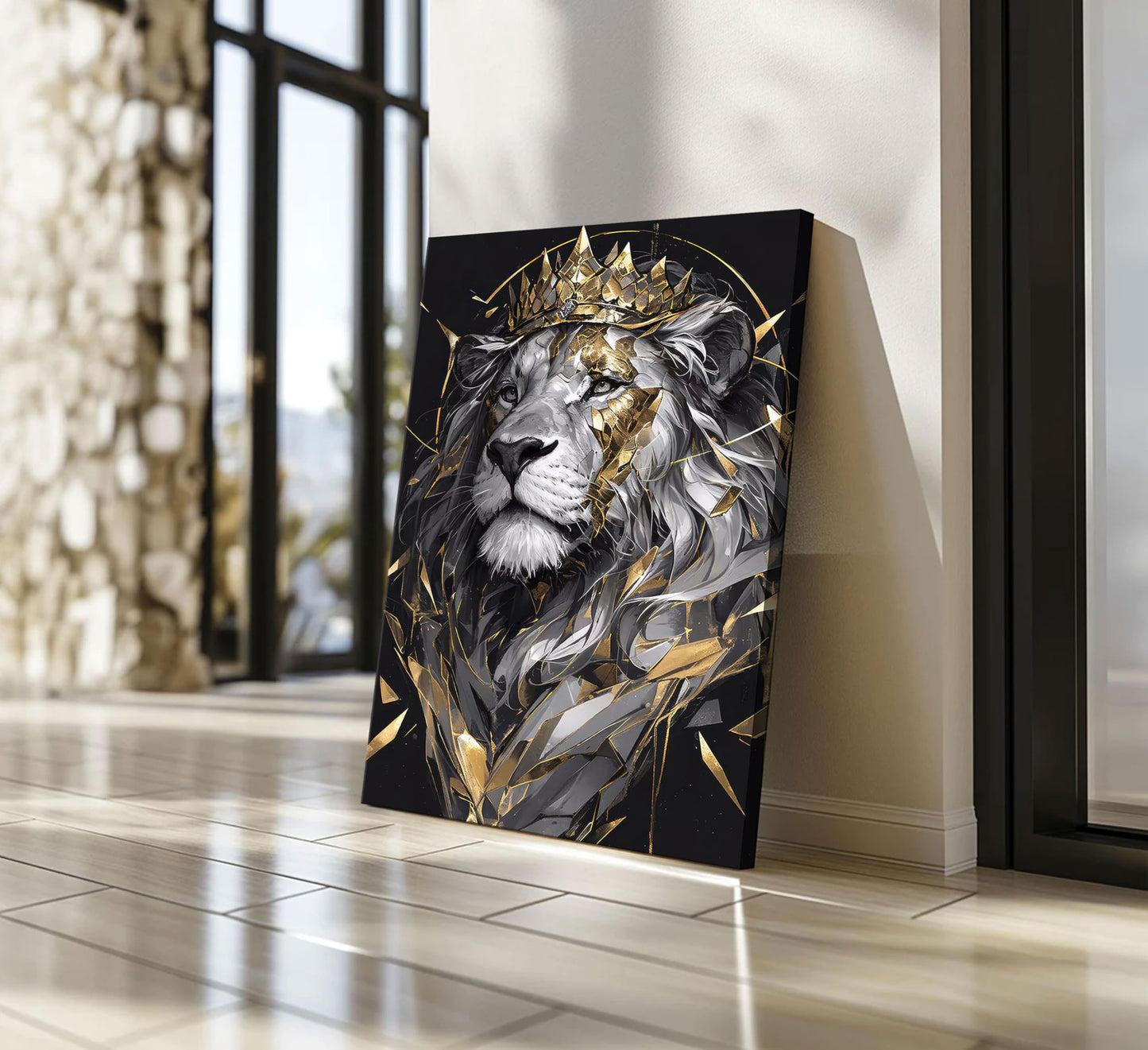 Lion King Canvas Wall Art Man's Cave Poster Prints Crown Lion Pictures Modern Abstract Black Gold Animal Painting Wall Decor Living Room for Men's Bedroom Office 12x16in Framed