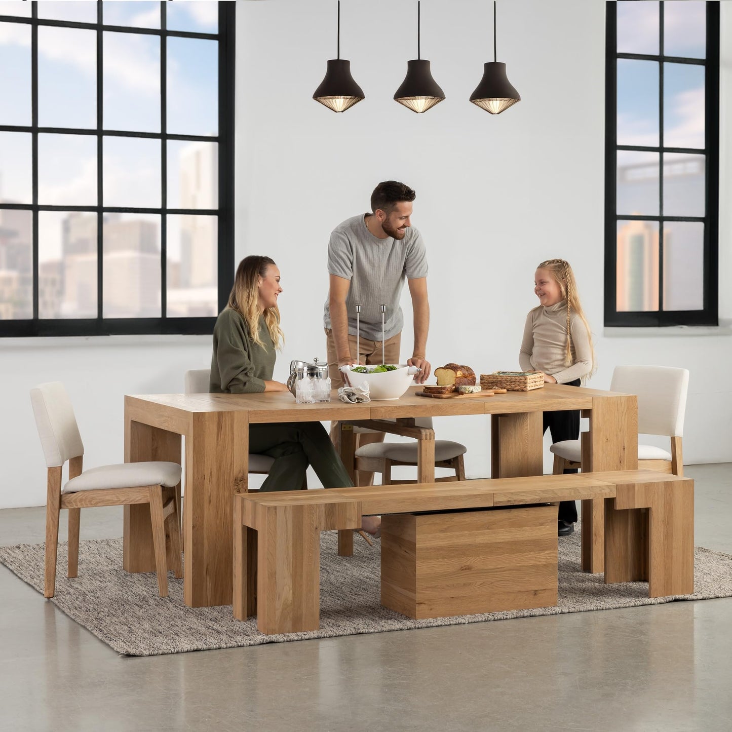Transformer Table - Solid Wood Extendable Dining Table with Bench and 4 Stackable Chairs, Seats 2-12, Expandable Table, Kitchen and Dining Room Furniture, Natural (Table + Bench + 4 Chairs)
