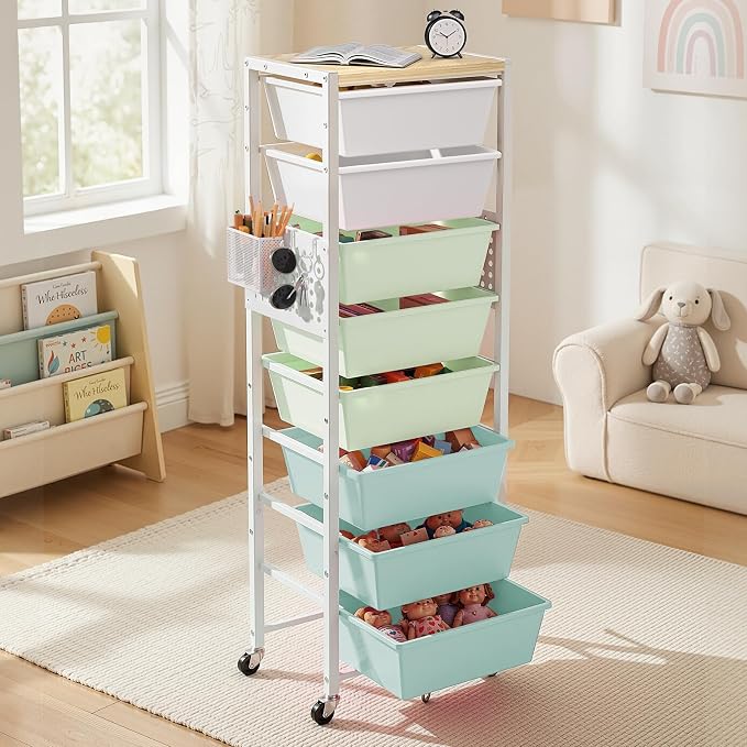 Rolling Cart with Drawers, Rolling Storage Cart with Large Plastic Drawers & Wooden Tabletop, Utility Cart with Pegboards & Basket, Storage Drawers Cart for Living Room, Classroom, Bedroom, Office