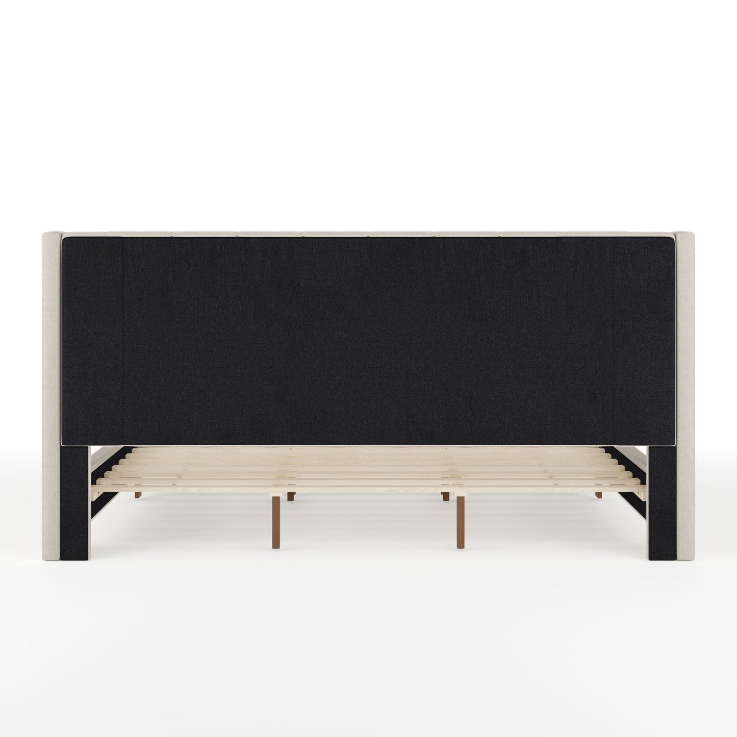 Martha Stewart Kay Low Profile Platform Bed with Wingback Headboard, Channel Stitched Faux Linen Upholstery, No Box Spring Needed, King, Beige