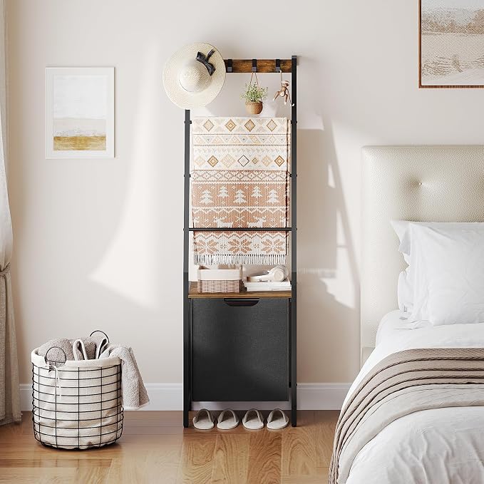 MAHANCRIS Blanket Ladder, 4-Tier Towel Rack with Pull-Out Laundry Basket & Removable Hooks, Ladder Shelf Stand, Wall-Leaning Blanket Rack for Living Room, Bedroom, Rustic Brown and Black TRHR4401