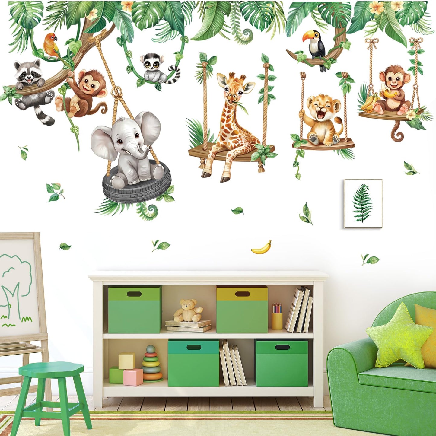 decalmile Jungle Animal on Swings Wall Stickers Safari Animal Elephant Giraffe Monkey Tropical Leaves Wall Decals Baby Nursery Kids Room Wall Decor