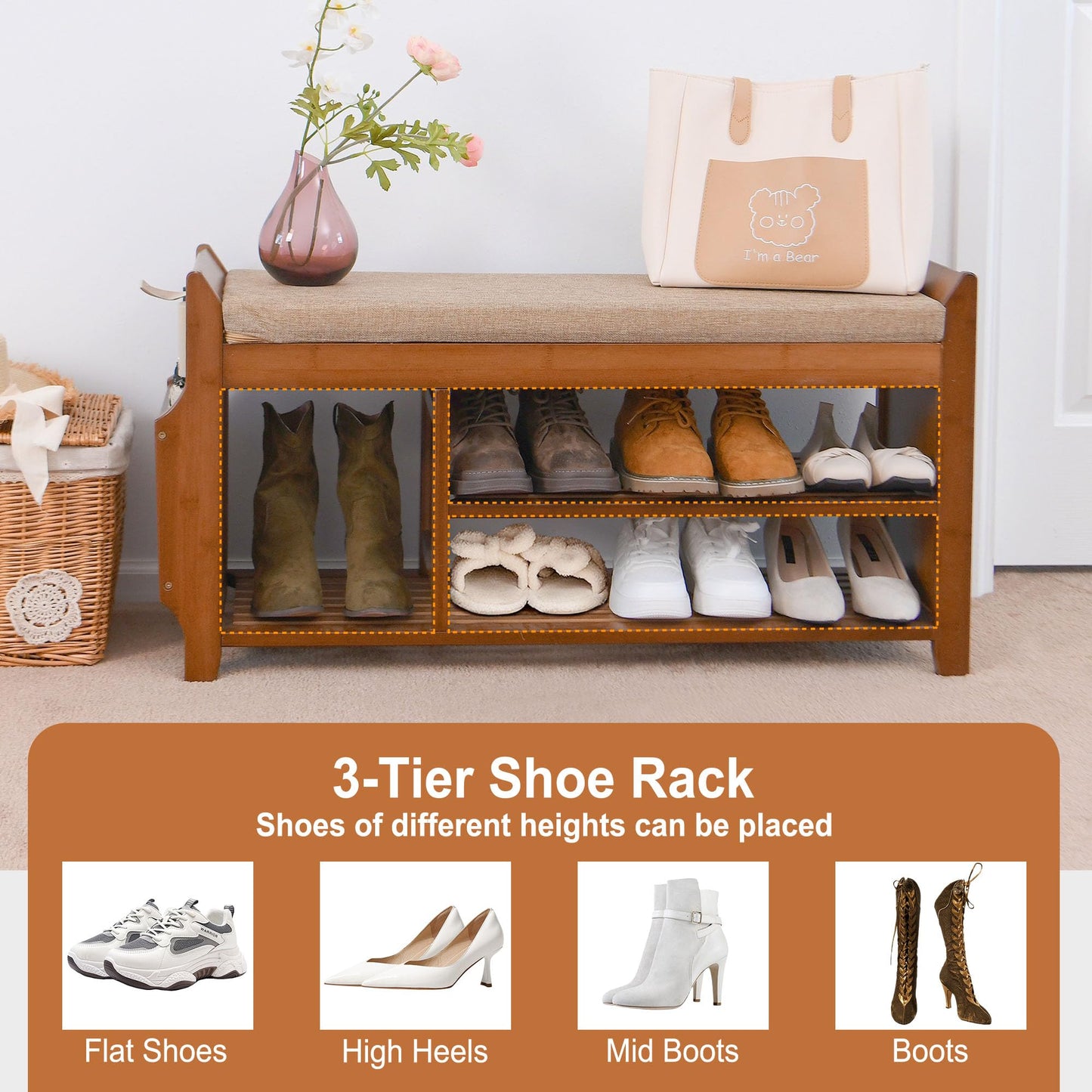 PETKABOO Shoe Bench with Hidden Drawer and Side Holder, 2 Tier Entryway Bench with Storage 39.4 in, Bamboo Shoe Rack with Cushion for Entryway Hallway Living Room Bedroom