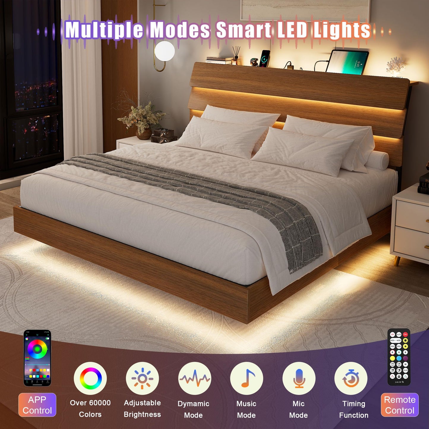 Feonase Floating Bed Frame King with Led Lights and Charging Station, Wood Full Size Bed Frame with Storage Headboard, Heavy Duty Metal Slats, No Box Spring Needed, Easy Assembly,Walnut