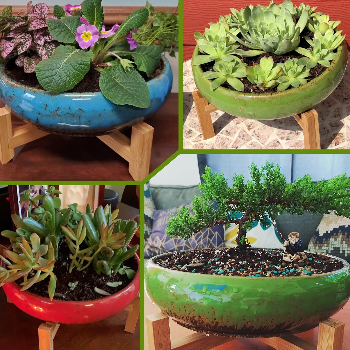 ARTKETTY Succulent Pot, 10 Inch Large Succulent Planter Pot with Stand, Ceramic Bonsai Pot with Mess Drainage Screen Shallow Cactus Flower Pot for Indoor/Outdoor Plants