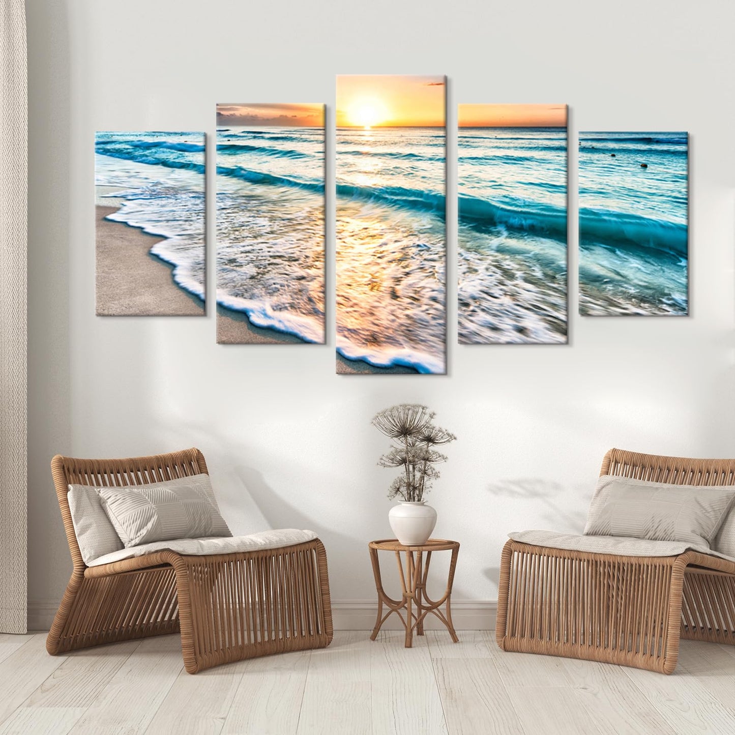 Goldfoilart 5 Pieces Beach Coastal Wall Art Sea Sunset Seascape Pictures Ocean Photography Canvas Large Horizontal Landscape Multi Framed Artwork for Bedroom Living Room Bathroom Wall Decor
