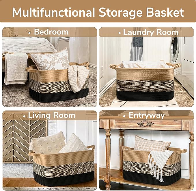 Goodpick Woven Blanket Basket, 21.6" x 14.9" x 11.8" Wicker Laundry Basket for Clothes, Storage Baskets for Organizing, Rectangle Rope Large Baskets for Storage, Black Jute