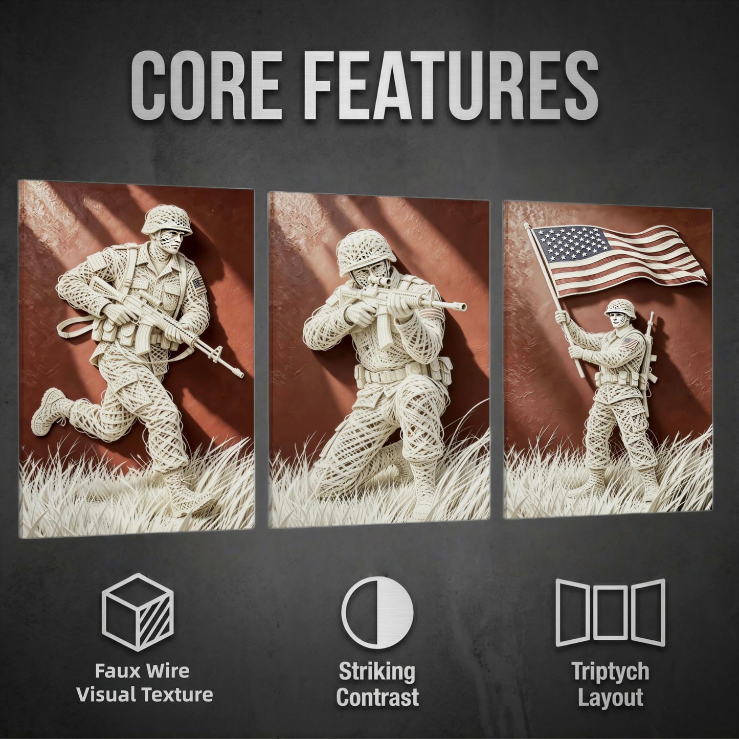 DIIMOST 3 Piece Faux Wire Art US Soldier Canvas Triptych, Patriotic Military Decor Set for Large Wall, Living Room, Office & Veteran Gift，(16×24inch*3)