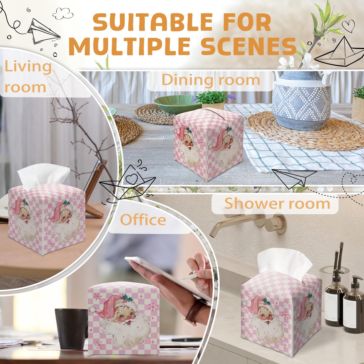 Merry Christmas Tissue Box Holder, Santa Claus Pink Checkered Leather Tissue Box Cover Square, Paper Facial Decorative Tissues Cover for Night Stands Bathroom Office Home Decor-B09