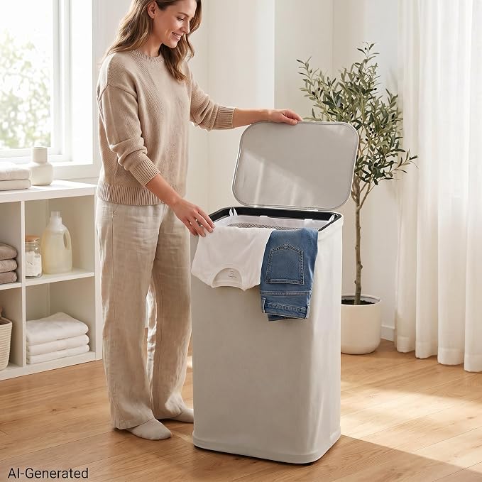 DOKEHOM 100L Laundry Hamper with Lid, Large Collapsible Laundry Basket with Removable Mesh Liner Bag, Collapsible Clothes Sorter for Bedroom, Bathroom, College Dorm, Light Grey