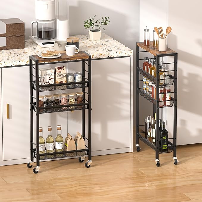 Slim Rolling Cart, 4-Tier Narrow Kitchen Storage Cart, Slim Utility Cart on Wheel, Skinny Bathroom storage cart with Wood Tabletop, 6.0" Deep, For Kitchen, Dining Room, Living Room, Laundry Room