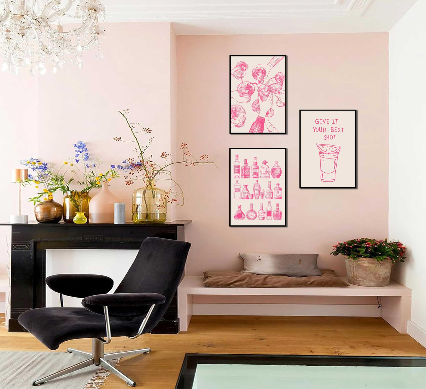 3Pcs Pink Bar Cart Wall Art Coquette Trendy Alcohol Bottles Poster Pictures Retro Cocktail Cheer Canvas Painting Girly Preppy Alcoholic Beverage Wall Decor Funky Cocktail Wiskey Prints Unframed