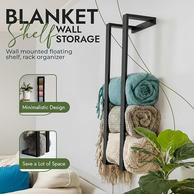 RELODECOR Blanket Wall Rack – Floating Shelf for Living Room & Bedroom, Rustic Wall-Mounted Blanket Holder, Bedding & Towel Organizer, Space-Saving, Stylish Black Design