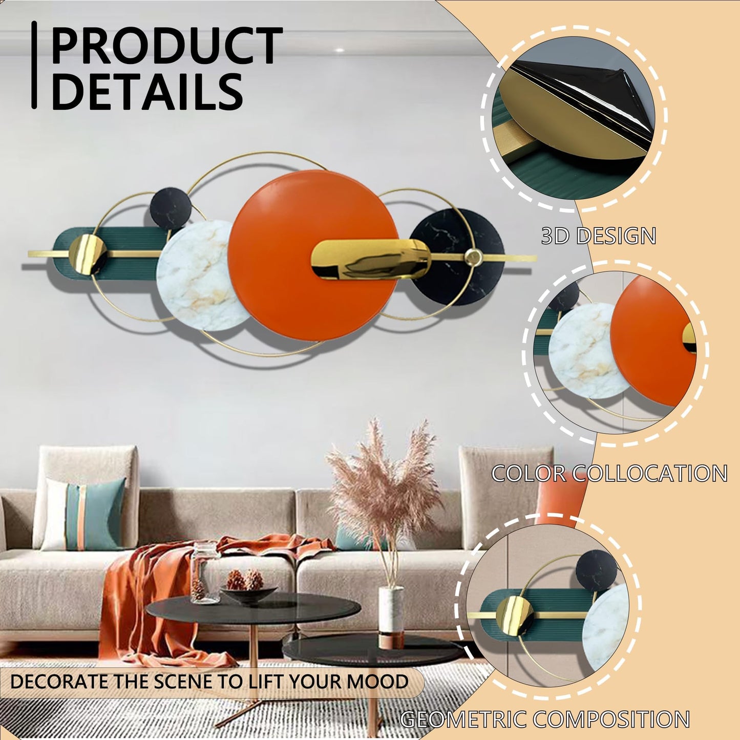 Metlzks Modern Metal Wall Decor,Handmade Circles Geometric Wall Sculptures,Orange Abstract Metal Wall Art for Bedrooms, Dining Rooms, Living Rooms, Corridors And Offices.(60''Lx24''W)