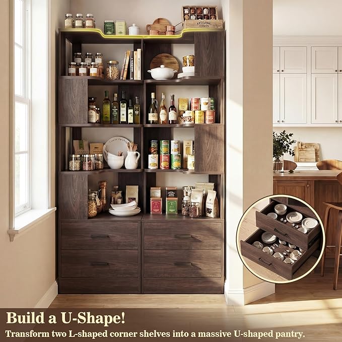 Armocity Corner Bookshelf with Drawers, 7 Tier Corner Book Shelf Display Bookcase, Freestanding L Shaped Bookshelf for Bedroom, Home Office, Black Walnut
