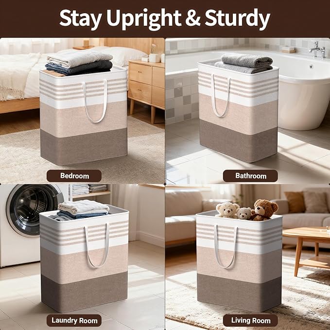 WOWBOX 2 Pack Laundry Baskets, Laundry Hampers, Freestanding Dirty Clothes Hampers with Reinforced Handles & Cross Stitch & Waterproof Coating, for Laundry Bedroom Bathroom Dorm,100L Khaki